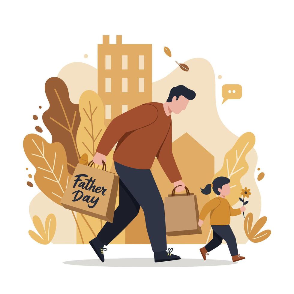 Father and son walking together holding shopping bags with Father Day text in flat design illustration vector