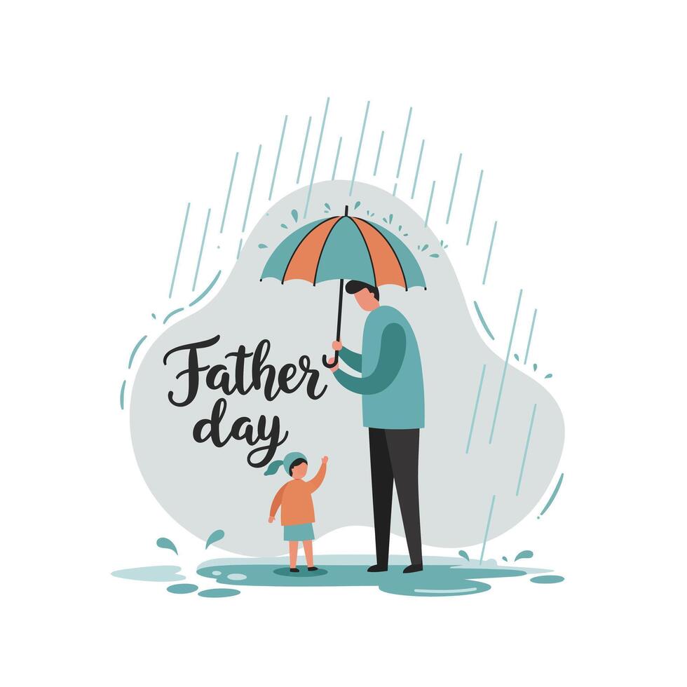 Father and young daughter standing together under umbrella in rainy weather flat minimal illustration vector