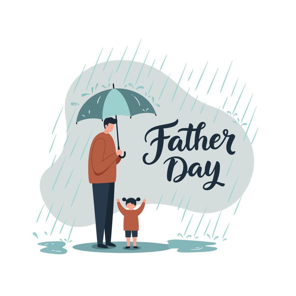 Father and child standing together holding umbrella in rainy weather flat minimal design illustration vector
