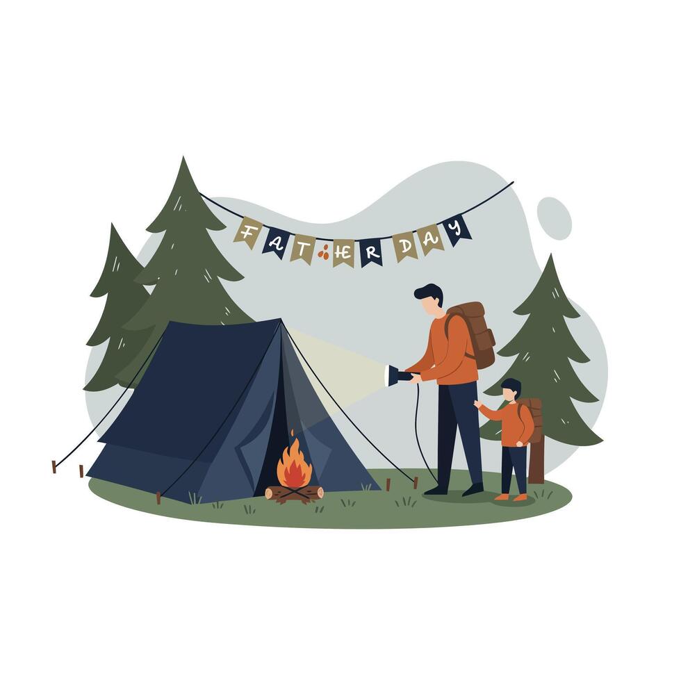 Father and child camping together in forest with tent and campfire flat design illustration vector