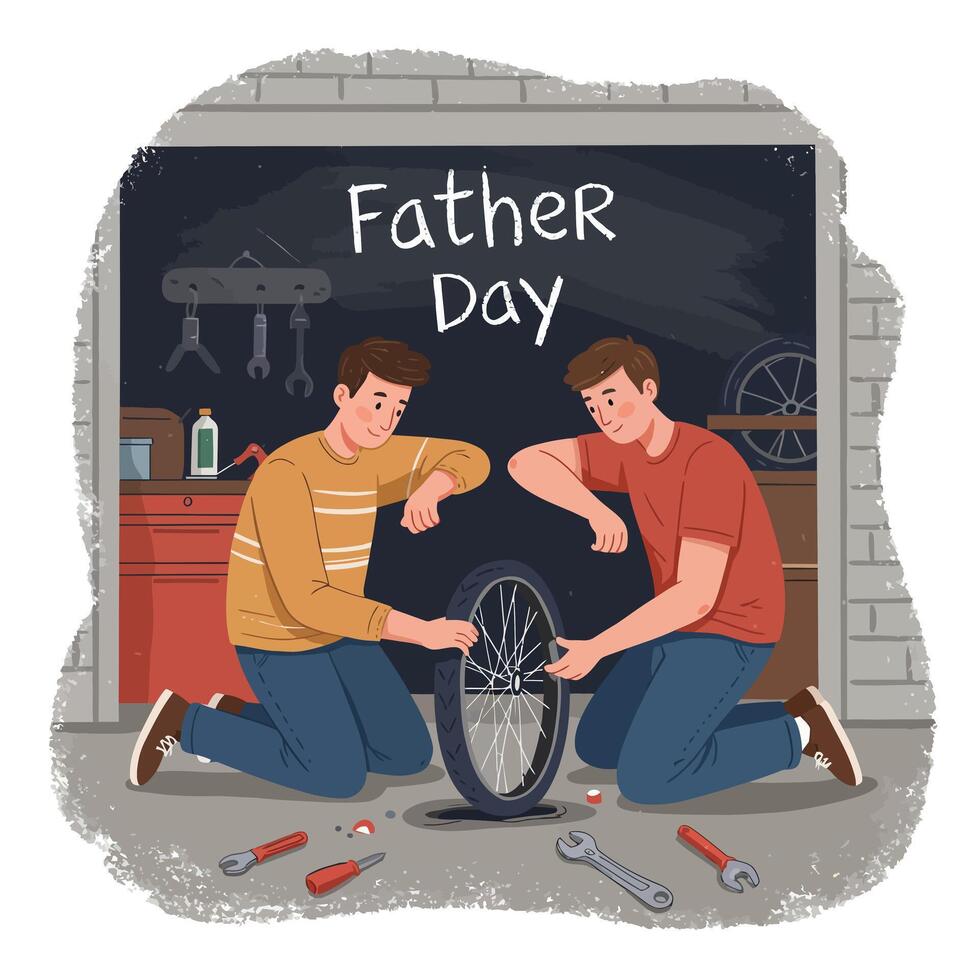 Father and son repairing bicycle together in flat style workshop scene celebrating Father Day illustration vector
