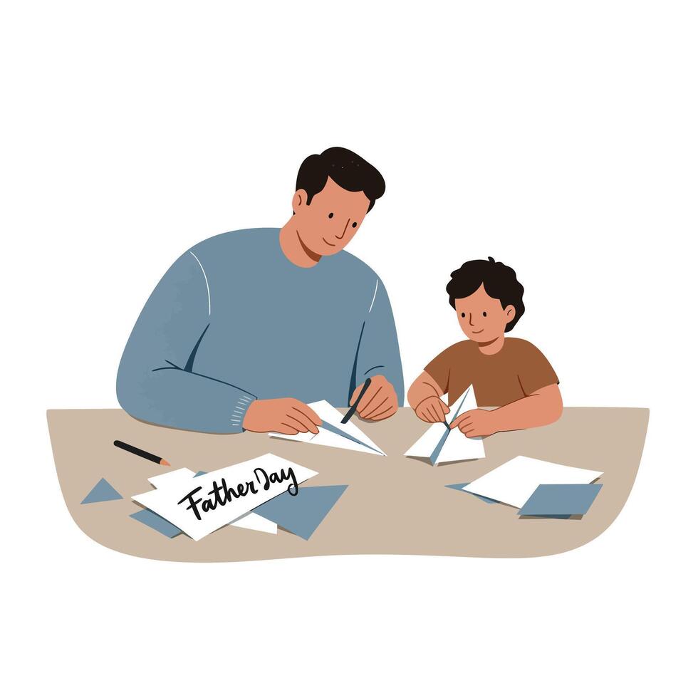 Father and son crafting together at table in flat minimal style showing love and bonding illustration vector