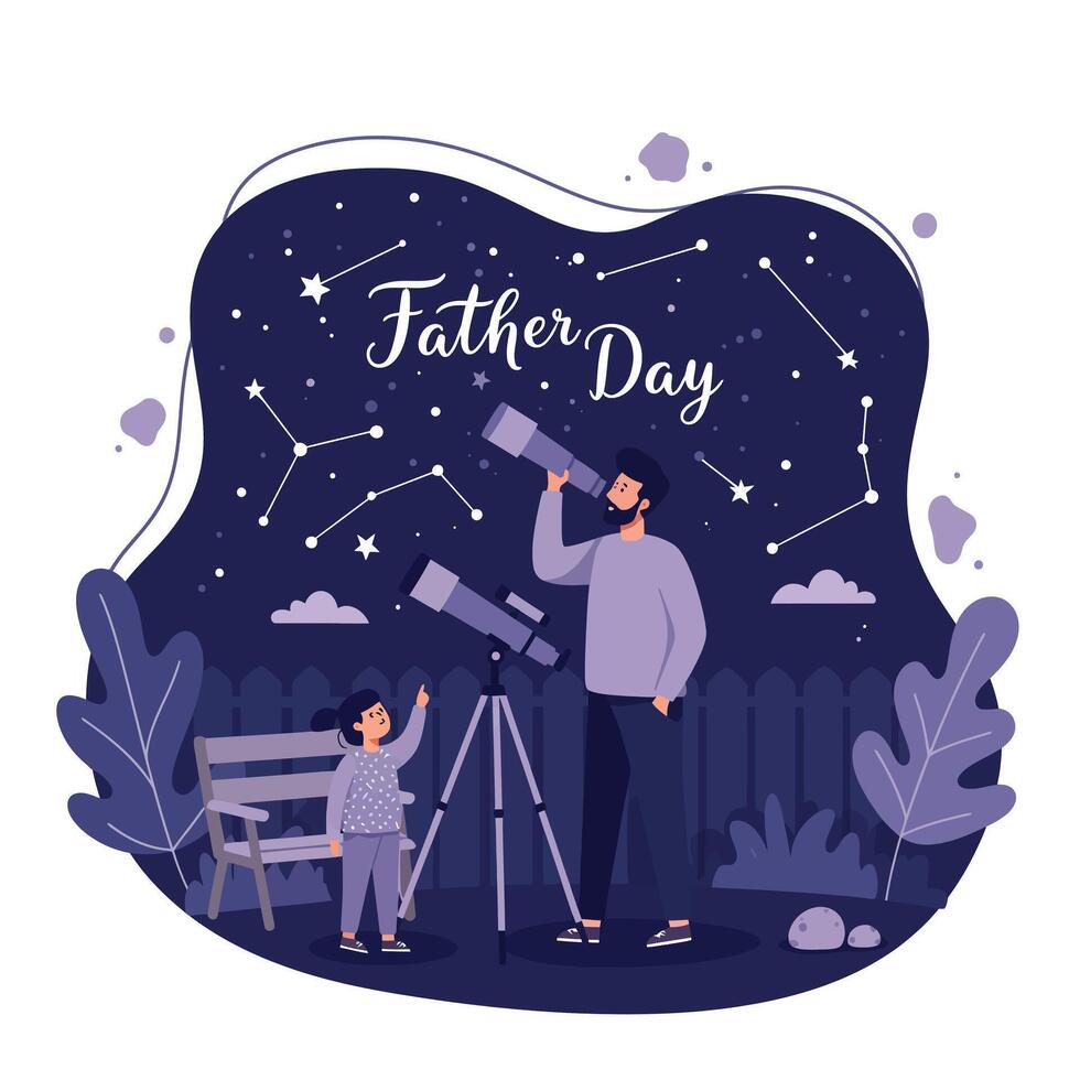 Father and daughter enjoying coffee at outdoor cafe table under street lamp in flat design illustration vector