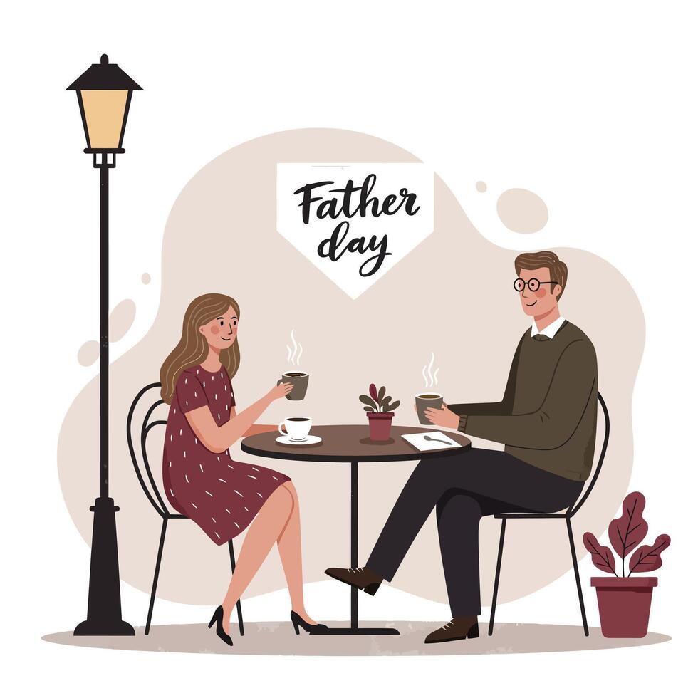 Father and daughter enjoying coffee together at outdoor cafe table under umbrella in flat style vector