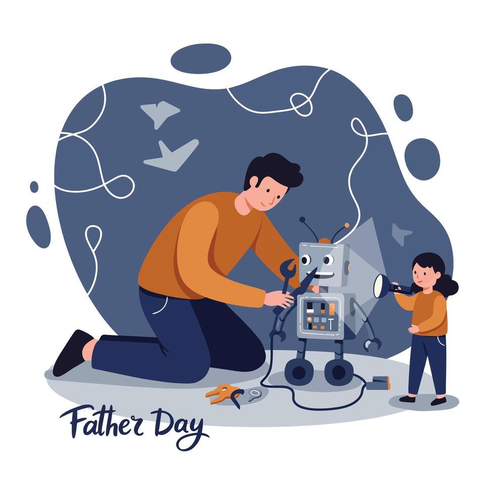 Father and son assembling a vintage robot toy in a flat design style family bonding illustration vector