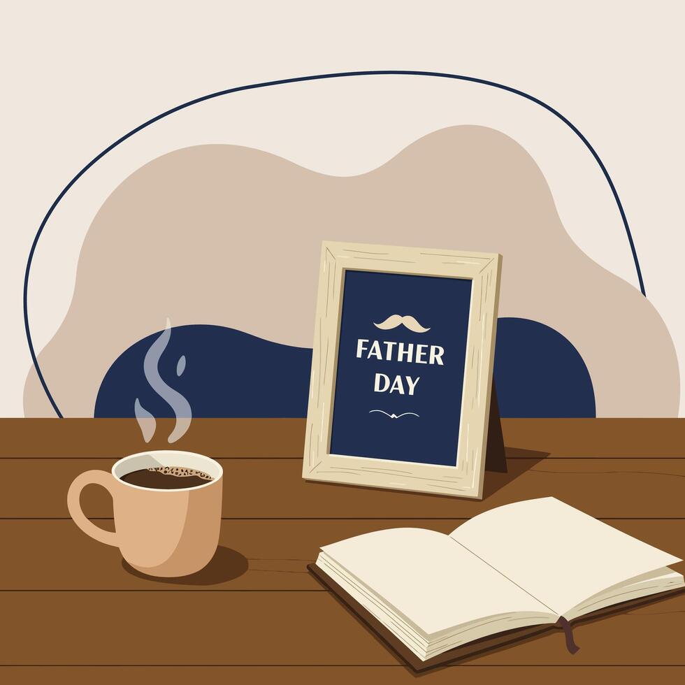 Coffee cup with open book and Father Day wooden photo frame on wooden table flat minimal illustration vector