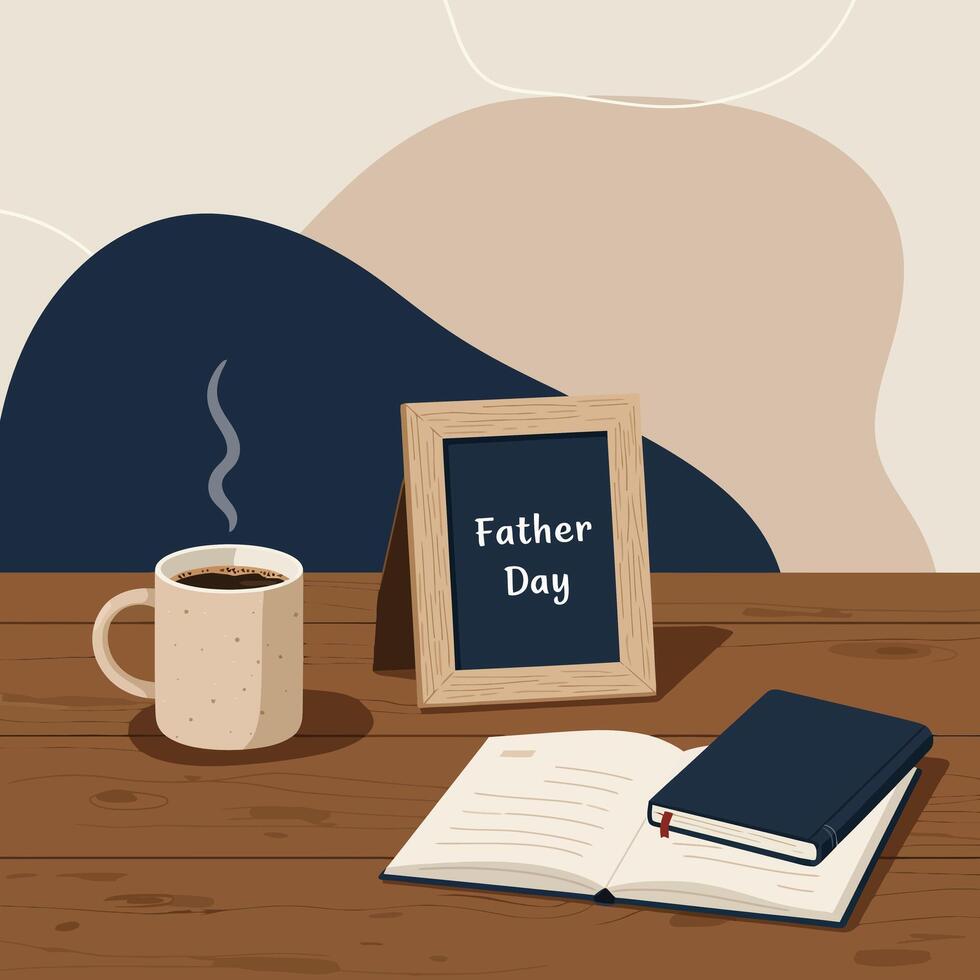 Father Day celebration flat design with coffee cup, open notebook, wooden photo frame on table, cozy and warm art vector