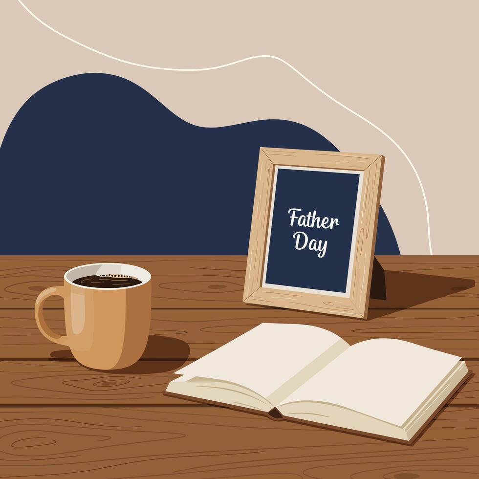 Coffee cup with steam and Father Day frame alongside open and closed notebooks on wooden table flat illustration vector