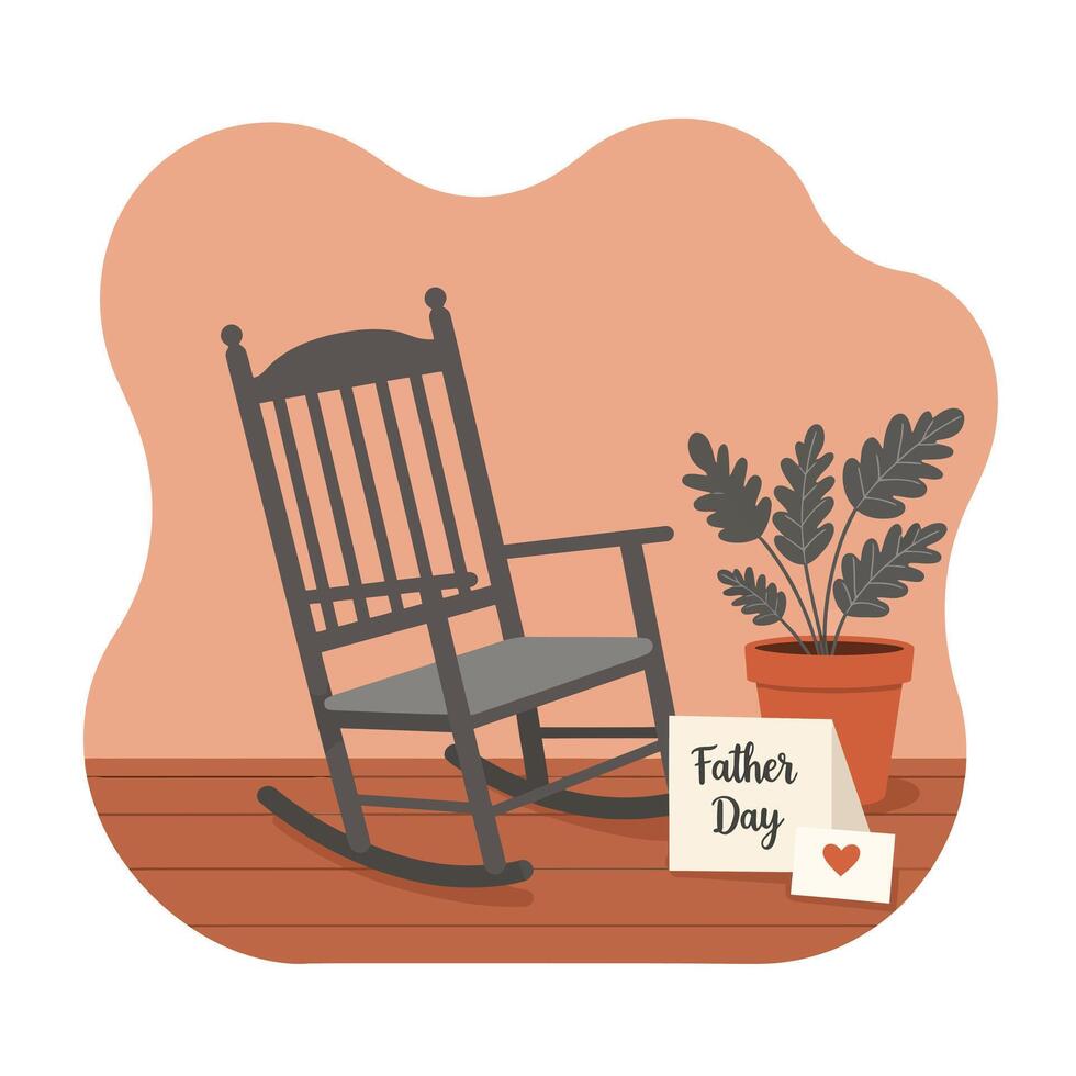 Wooden rocking chair with potted plant and Fathers Day card in flat minimal illustration vector