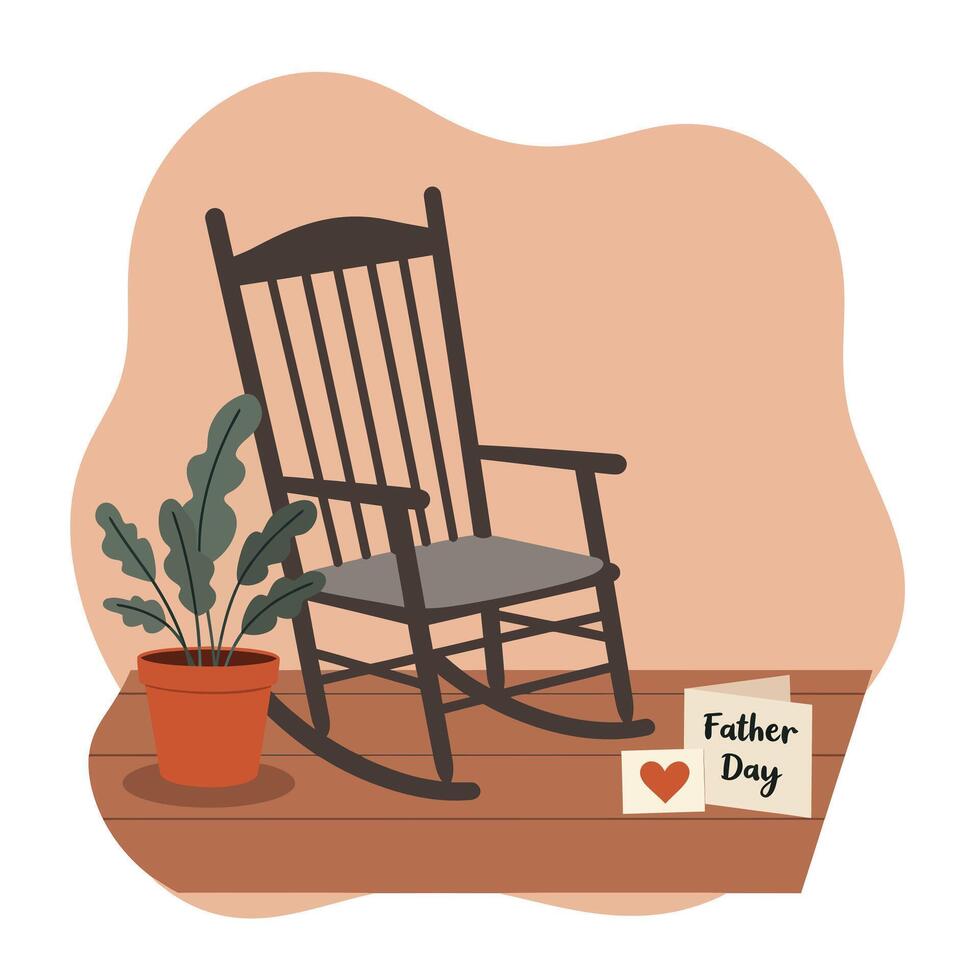 Wooden rocking chair with potted plant and Father Day cards in minimal flat design illustration vector