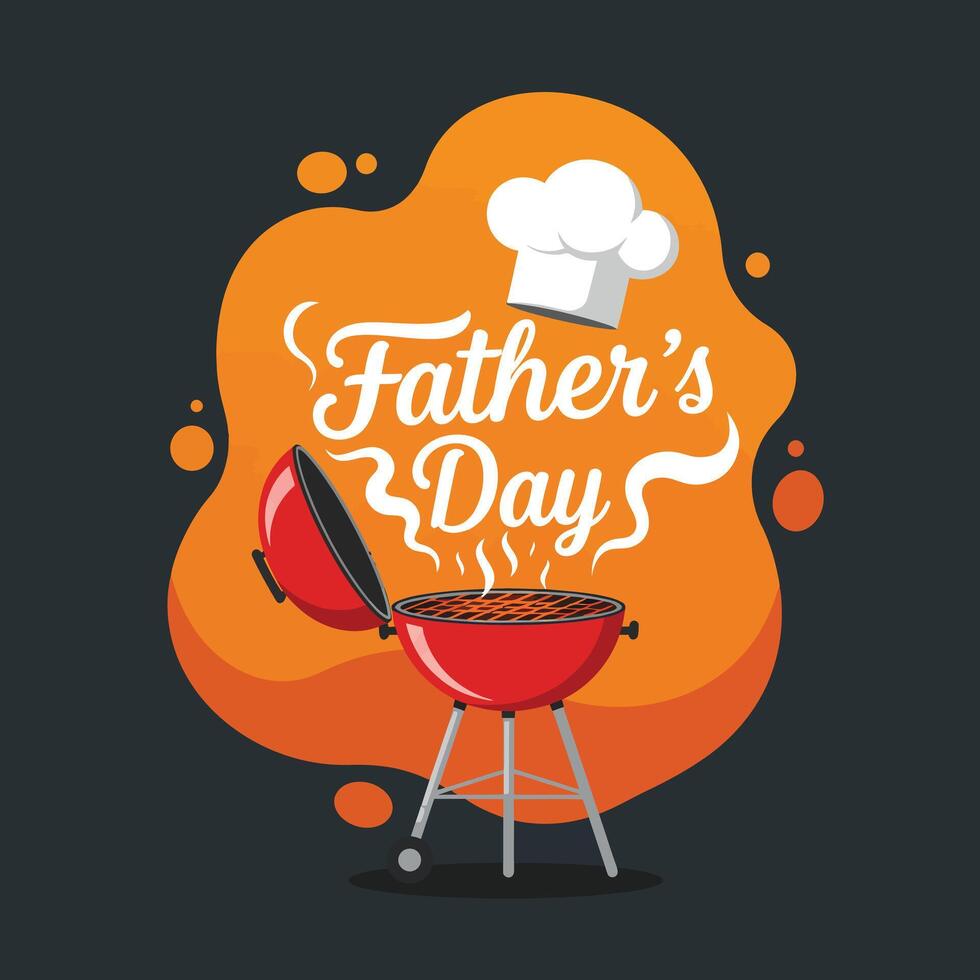 Red barbecue grill with chef hat and steam on orange splash background celebrating Fathers Day flat design art vector