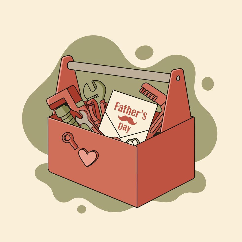 Heart shape composed of assorted hand tools with Fathers Day text in vintage flat design illustration vector