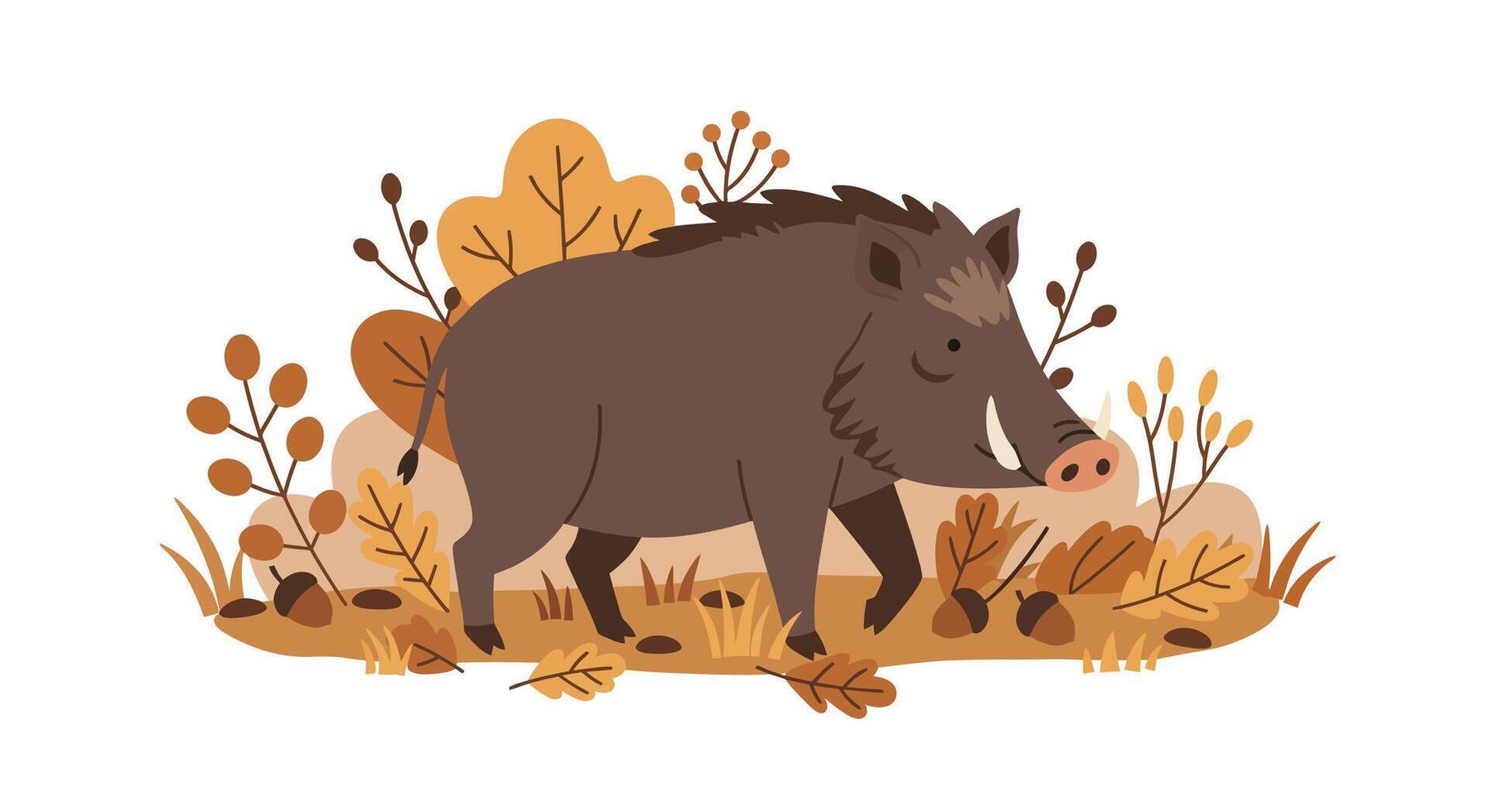 Wild boar walking through autumn forest with dry leaves and plants in flat minimal art vector