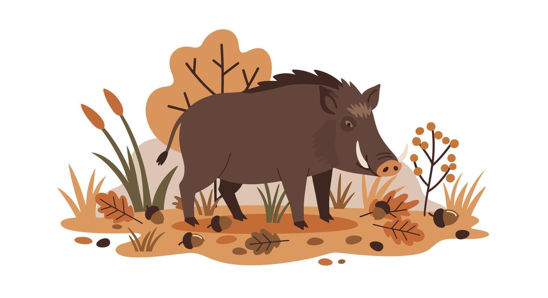 Wild boar walking through autumn forest foliage flat style with warm earth tones illustration vector