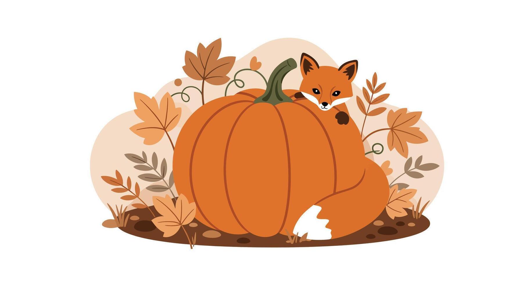 Cute fox peeking from behind large orange pumpkin with autumn leaves in flat minimal illustration vector