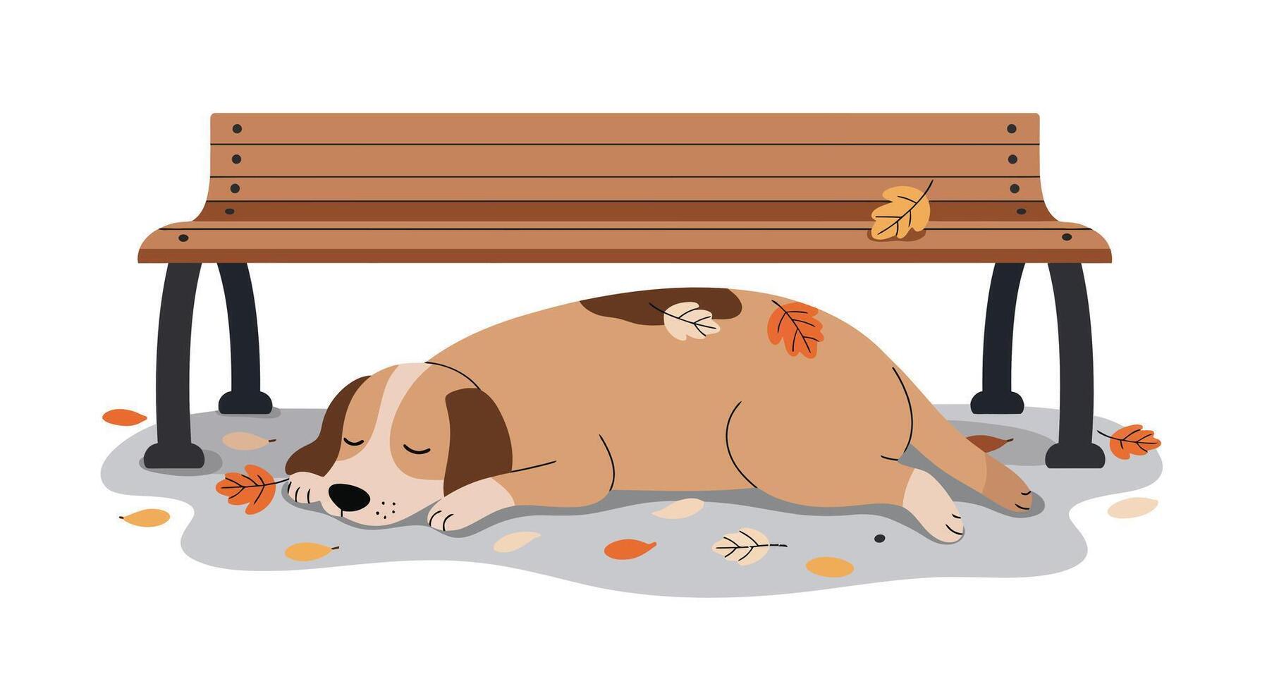 Sleeping brown dog lying under wooden park bench with autumn leaves minimal flat illustration vector