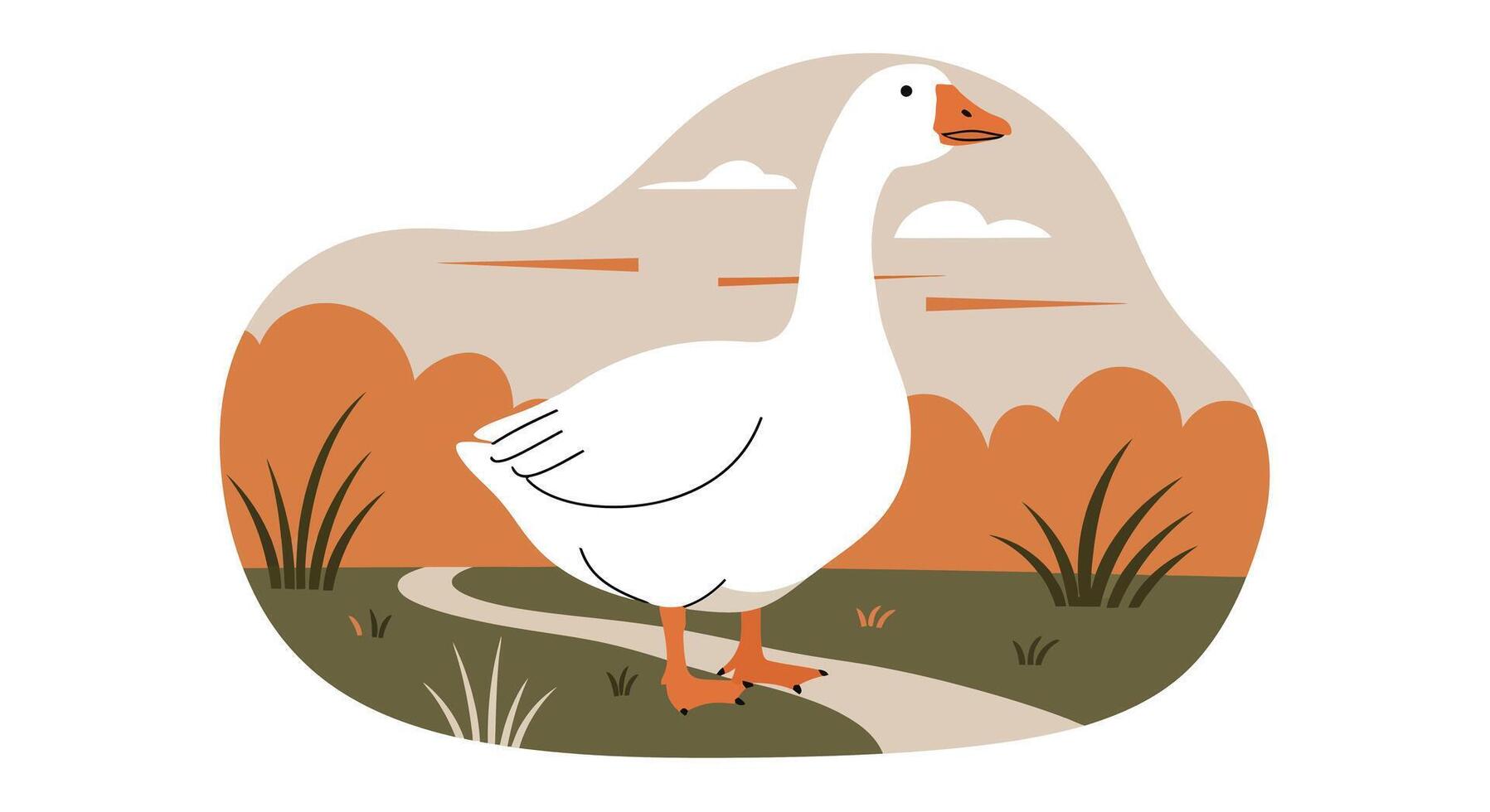 White goose standing on grassy field with autumn plants and cloudy sky flat minimal illustration vector