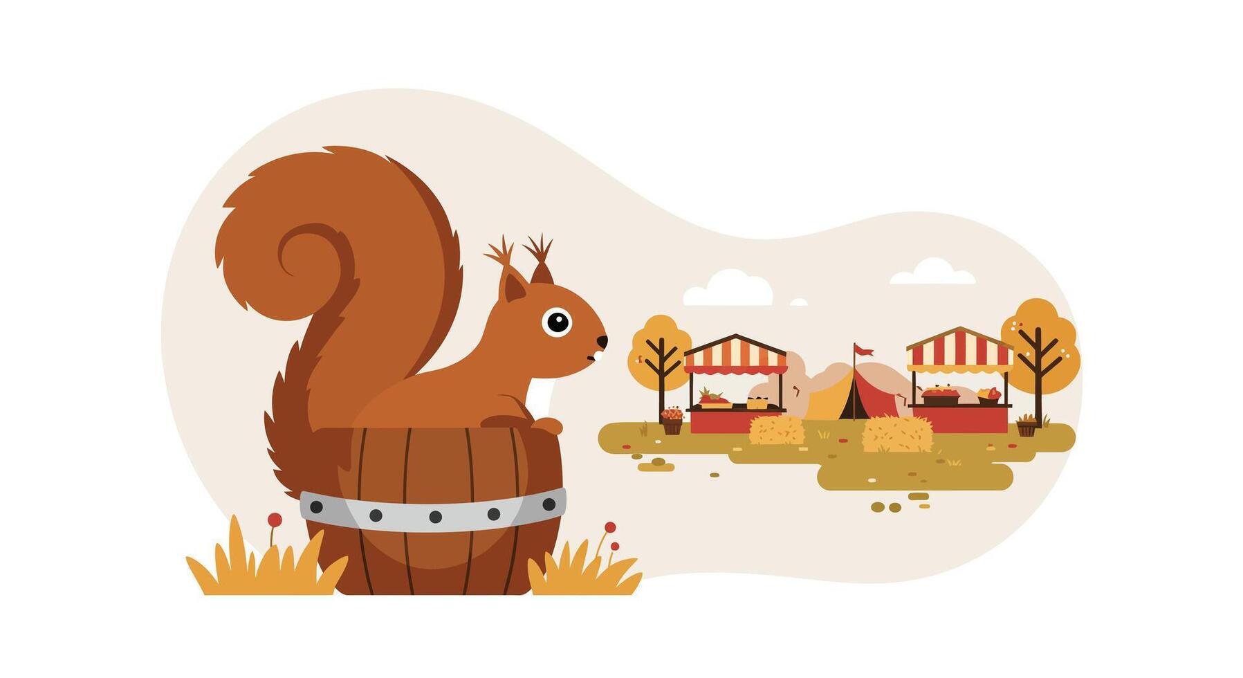 Red squirrel with large bushy tail sitting inside wooden barrel in autumn park flat illustration vector