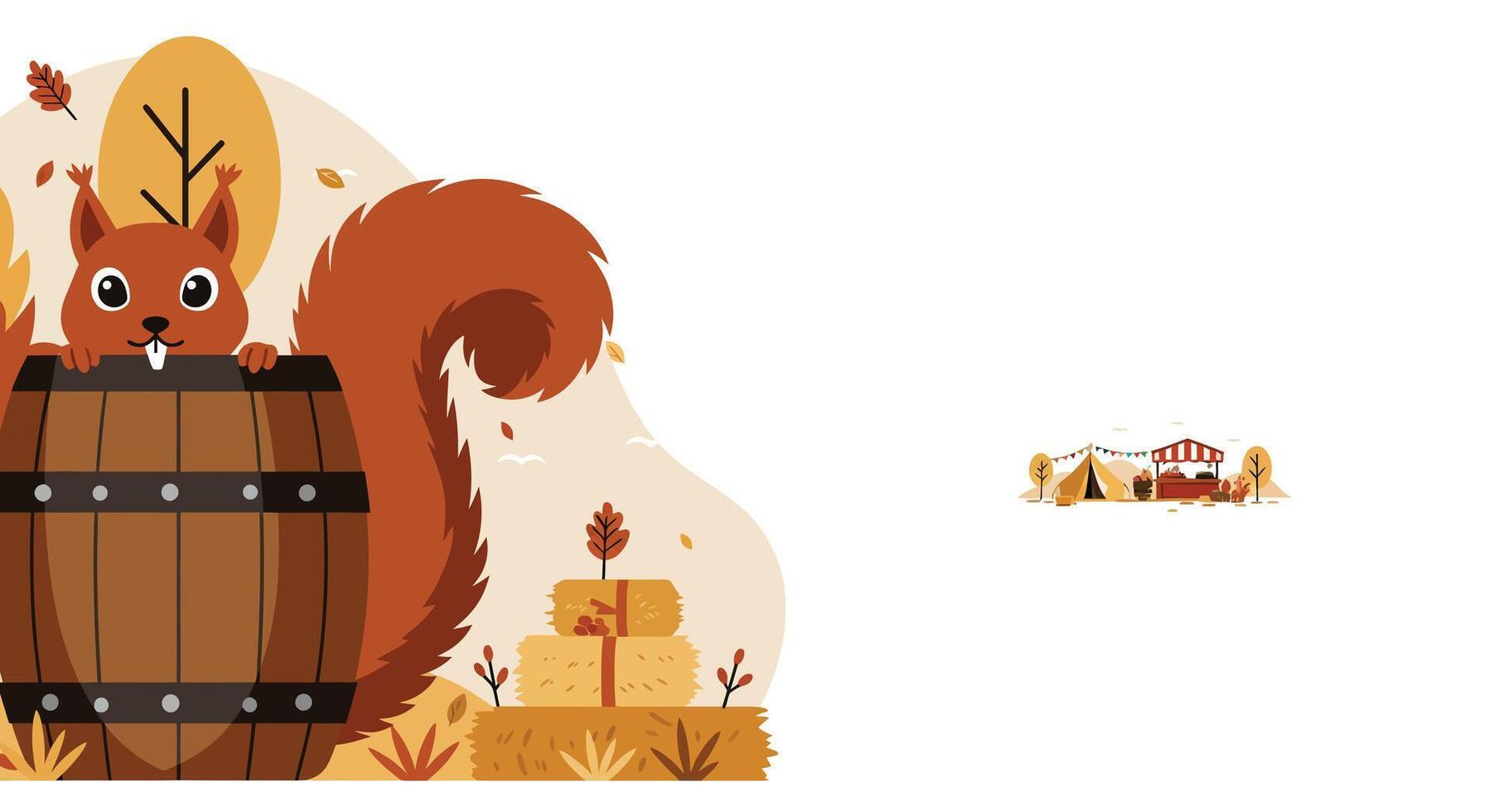 Red squirrel standing on wooden stump with autumn forest camping scene flat design illustration vector