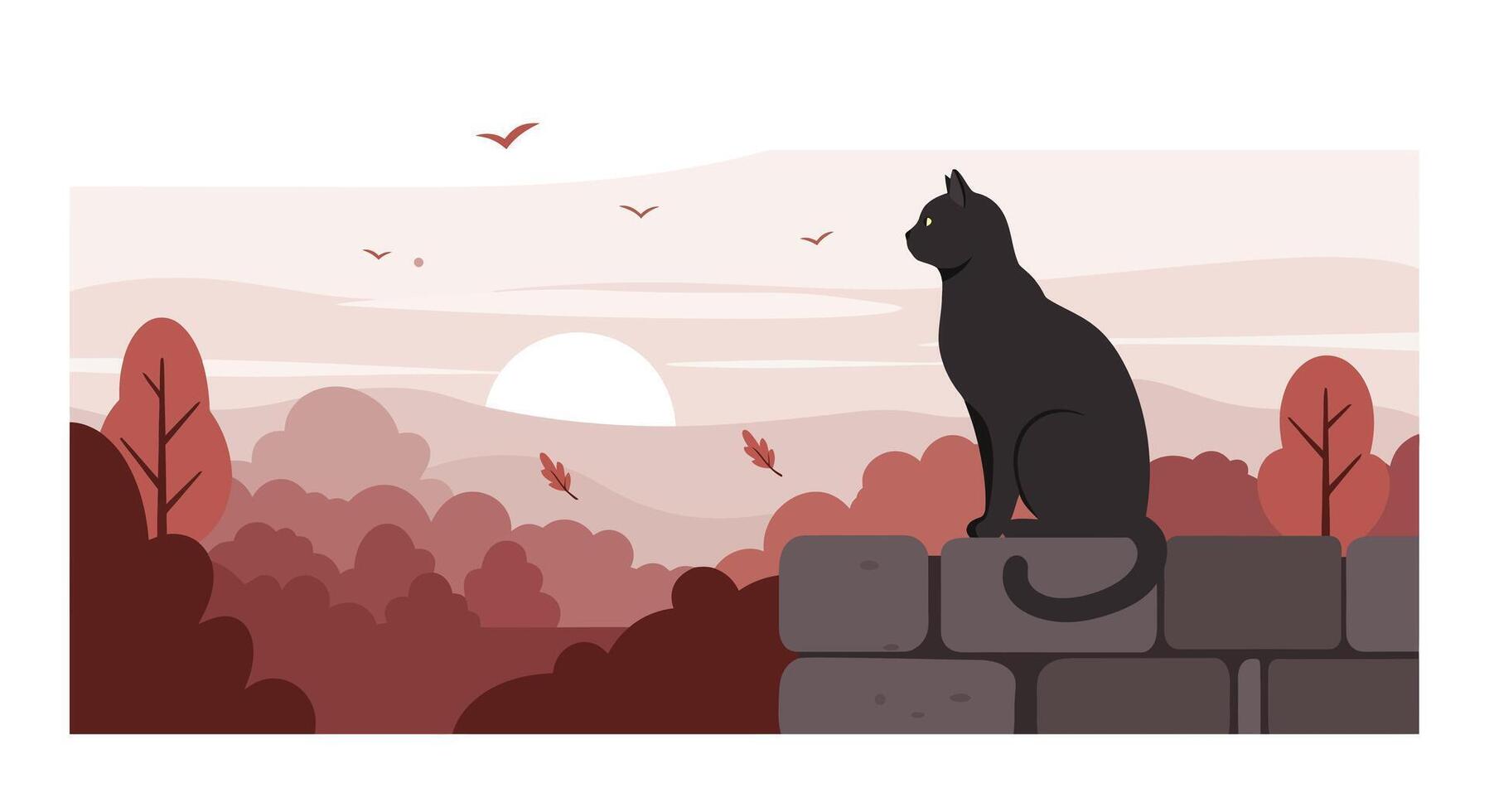 Black cat silhouette sitting on brick wall at sunset with minimal flat design in warm tones illustration vector
