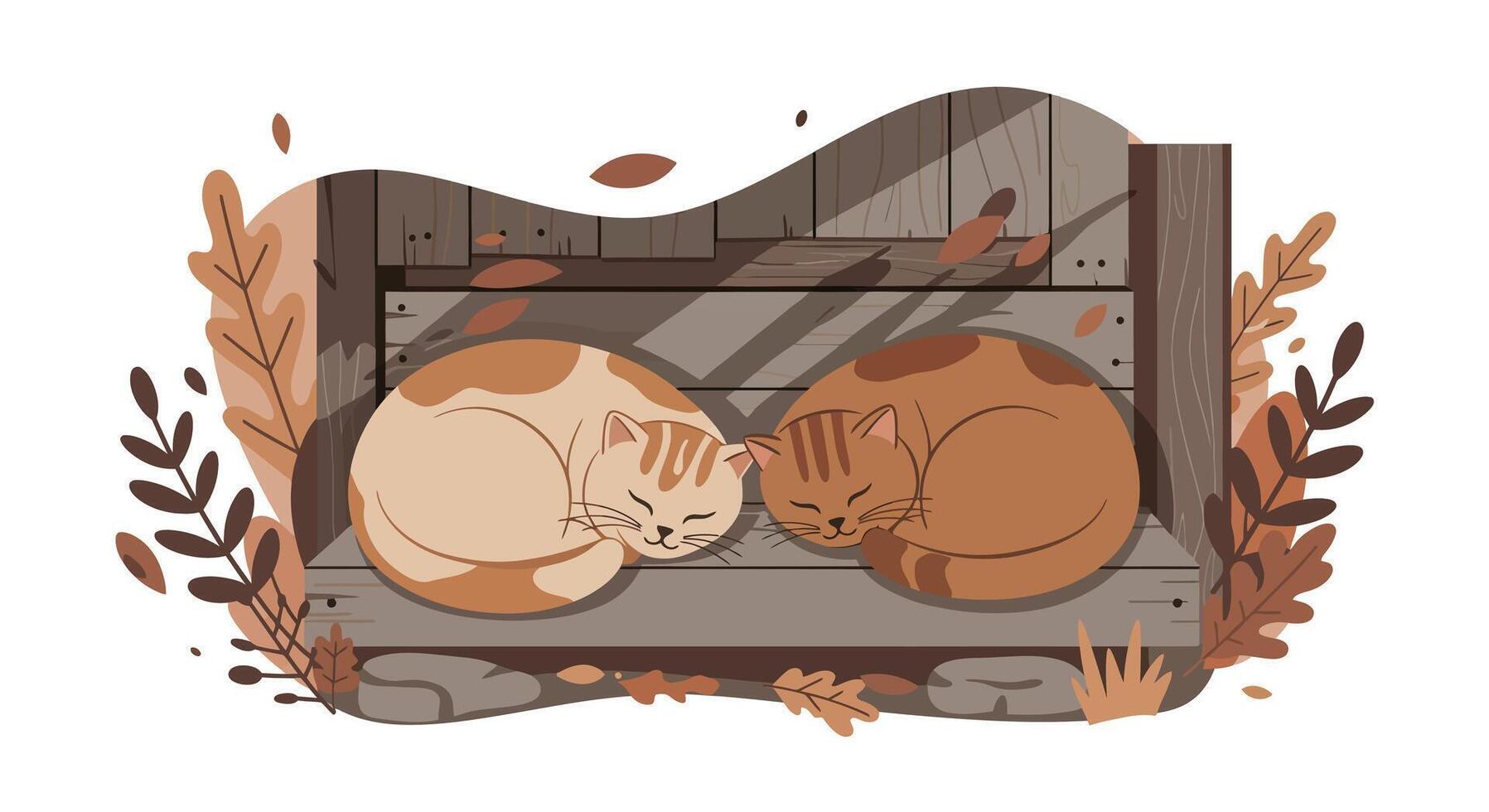 Two curled up sleeping cats with autumn leaves in minimal flat design illustration vector