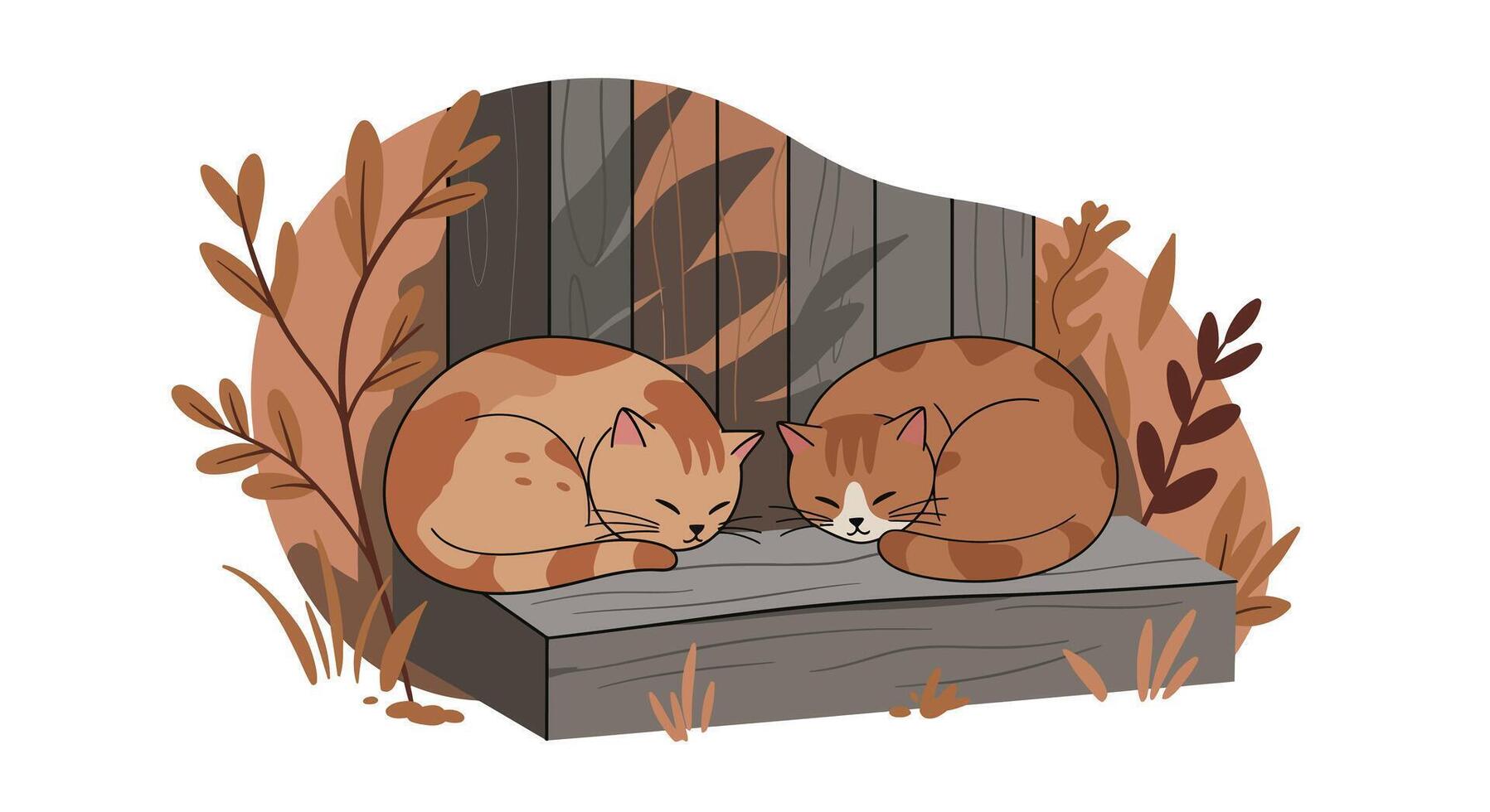 Two curled sleeping cats resting on a rustic wooden bench surrounded by autumn leaves flat design illustration vector