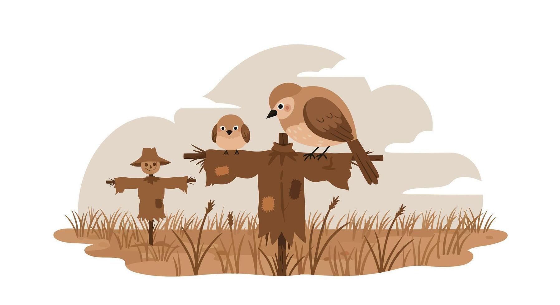 Small brown bird perched on rustic scarecrow in minimal flat style field illustration vector