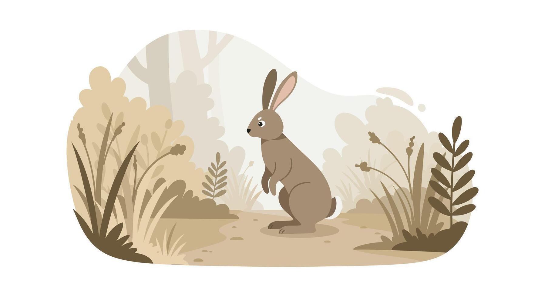 Brown rabbit standing alert in natural grass and leafy plants minimal flat design illustration vector