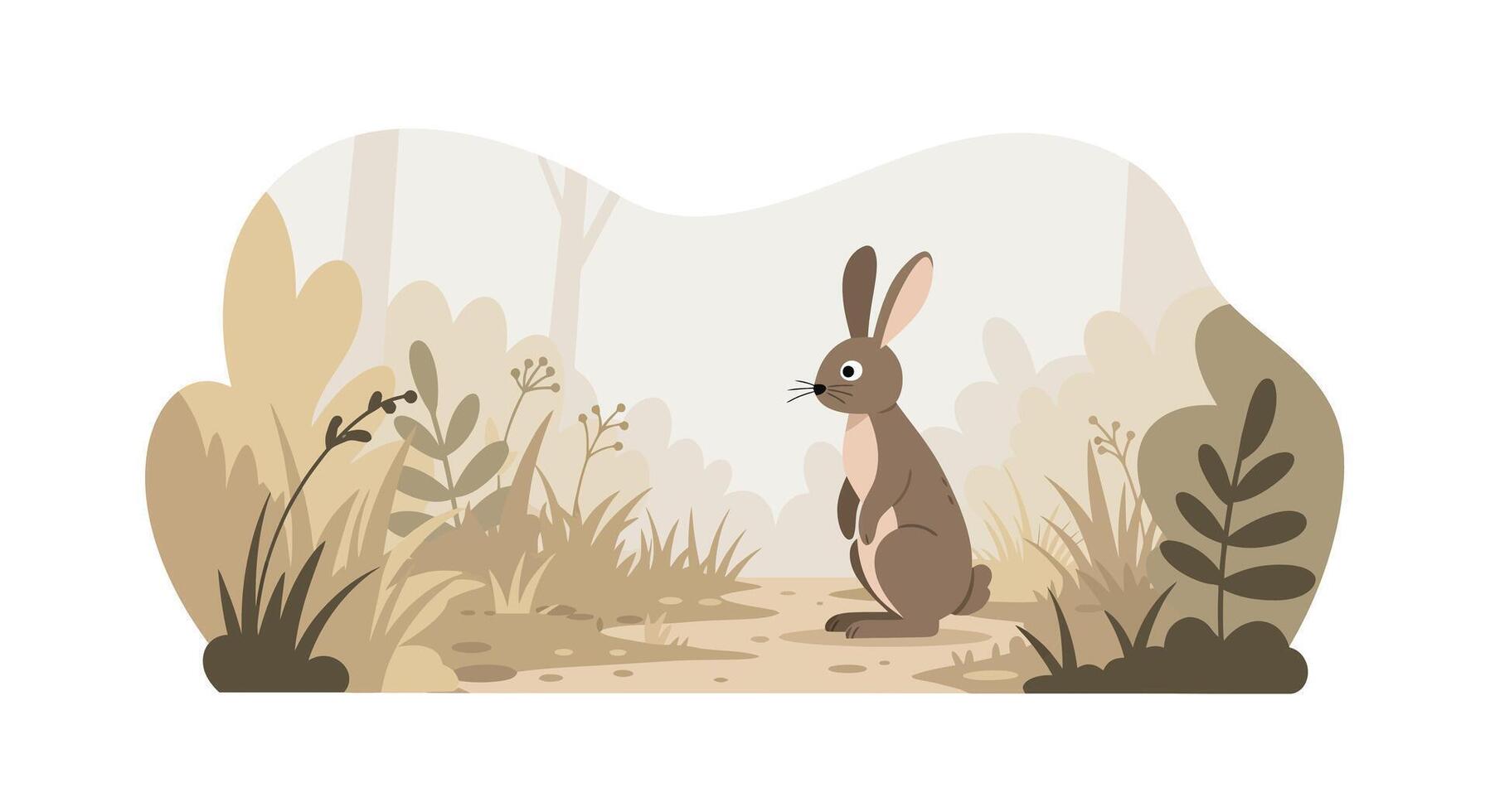 Brown rabbit sitting calmly in natural woodland with dry plants and soft muted colors in flat design illustration vector