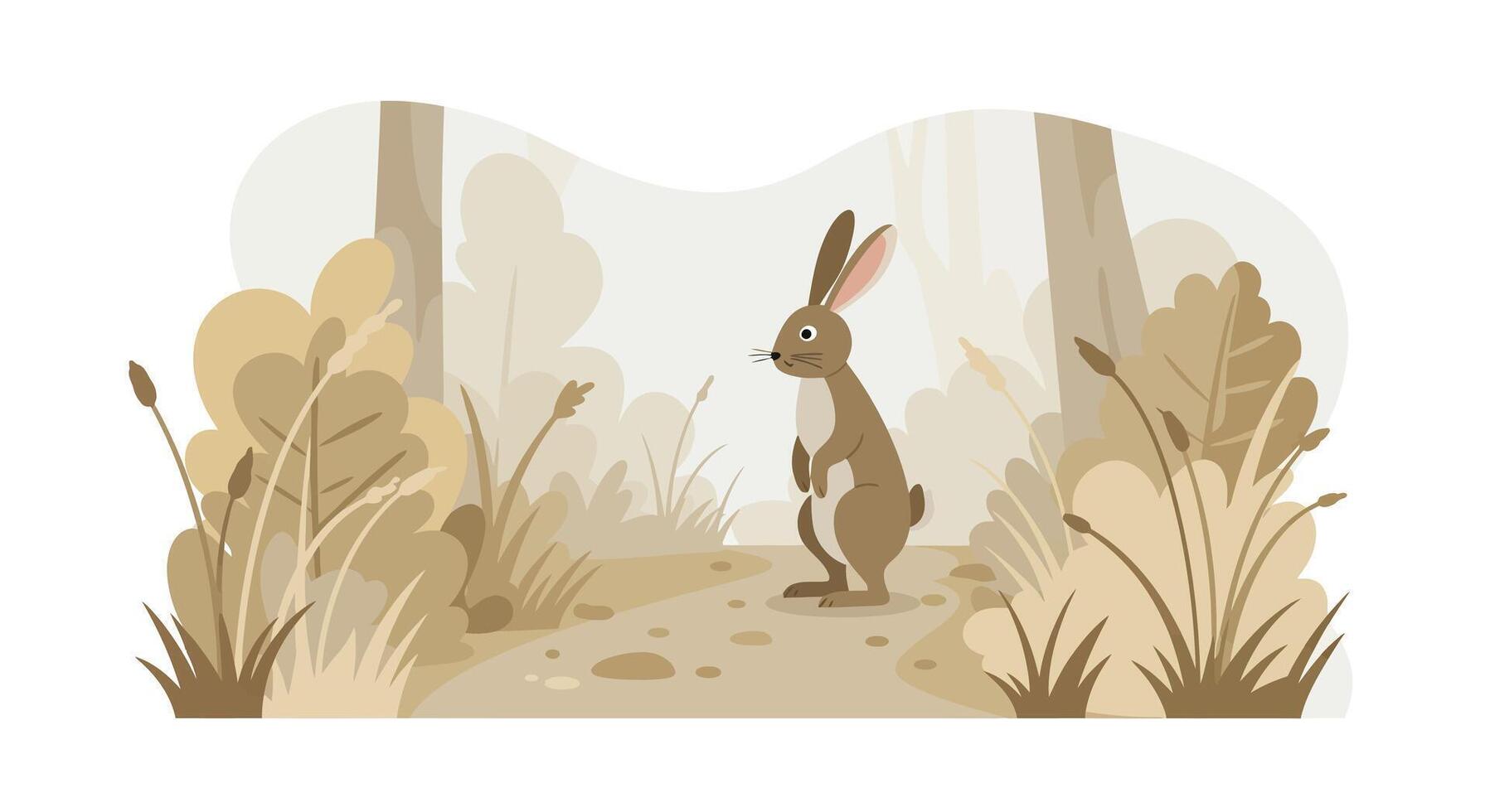 Brown rabbit sitting quietly in natural grassland with soft neutral tones flat design illustration vector