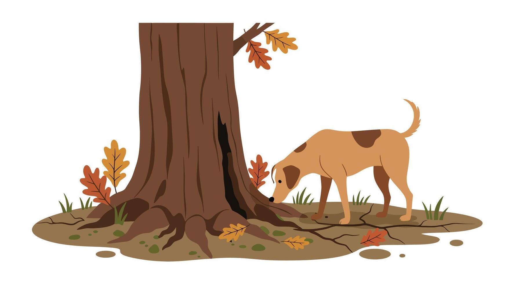 Brown rabbit standing alert in a quiet forest clearing with muted earth tones flat design illustration vector
