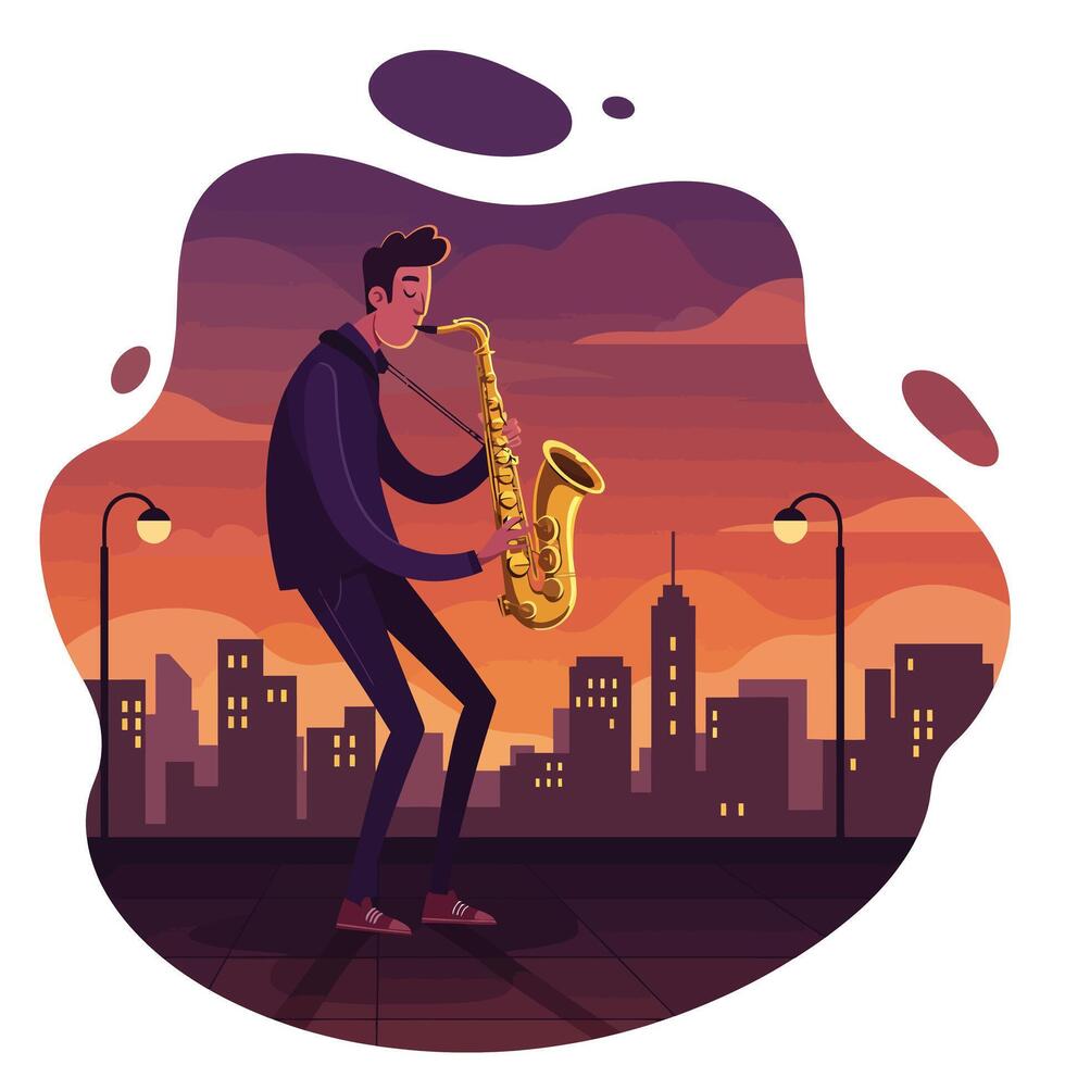 Young man playing saxophone passionately on an urban rooftop at sunset with city skyline and street lamps in the background vector