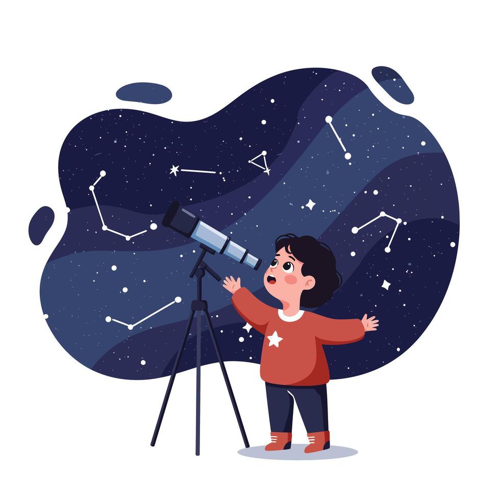 Young child with dark hair wearing red sweater observing stars and constellations through a telescope under a night sky filled with glowing star patterns and cosmic shapes vector