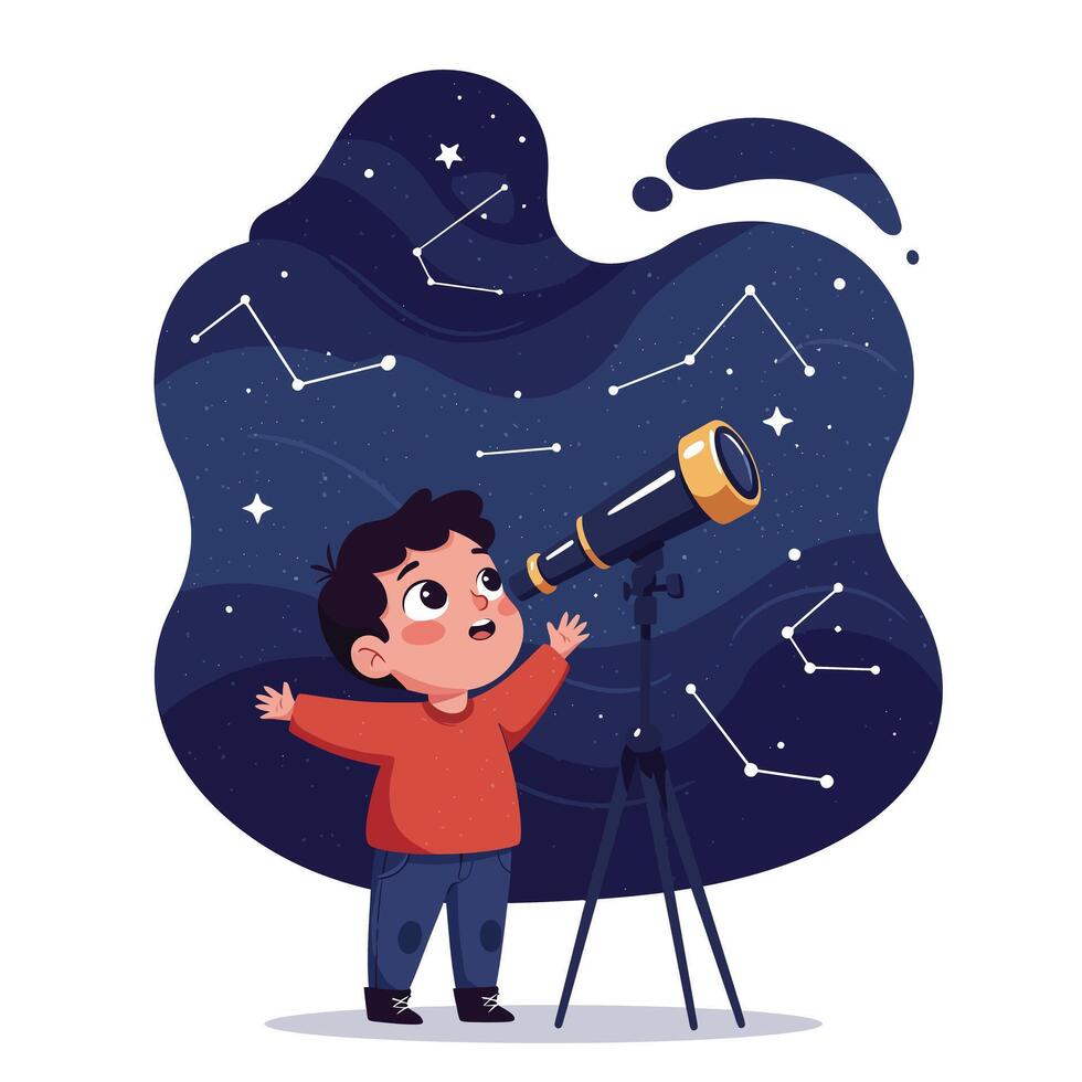 Young boy with dark hair wearing red sweater explores constellations using a large telescope under a starry night sky filled with illustrated star patterns and cosmic shapes vector