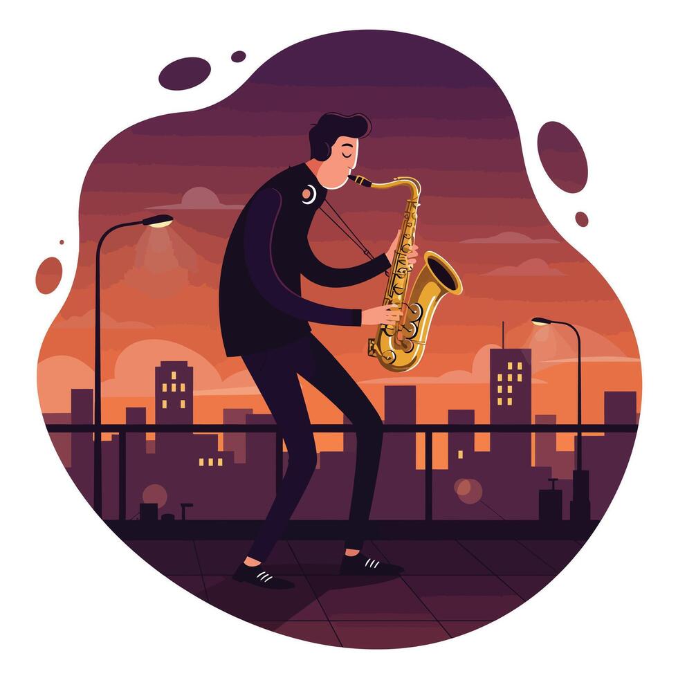 Young man playing saxophone on rooftop at sunset with city skyline and streetlights in background, creating a calm and artistic atmosphere vector