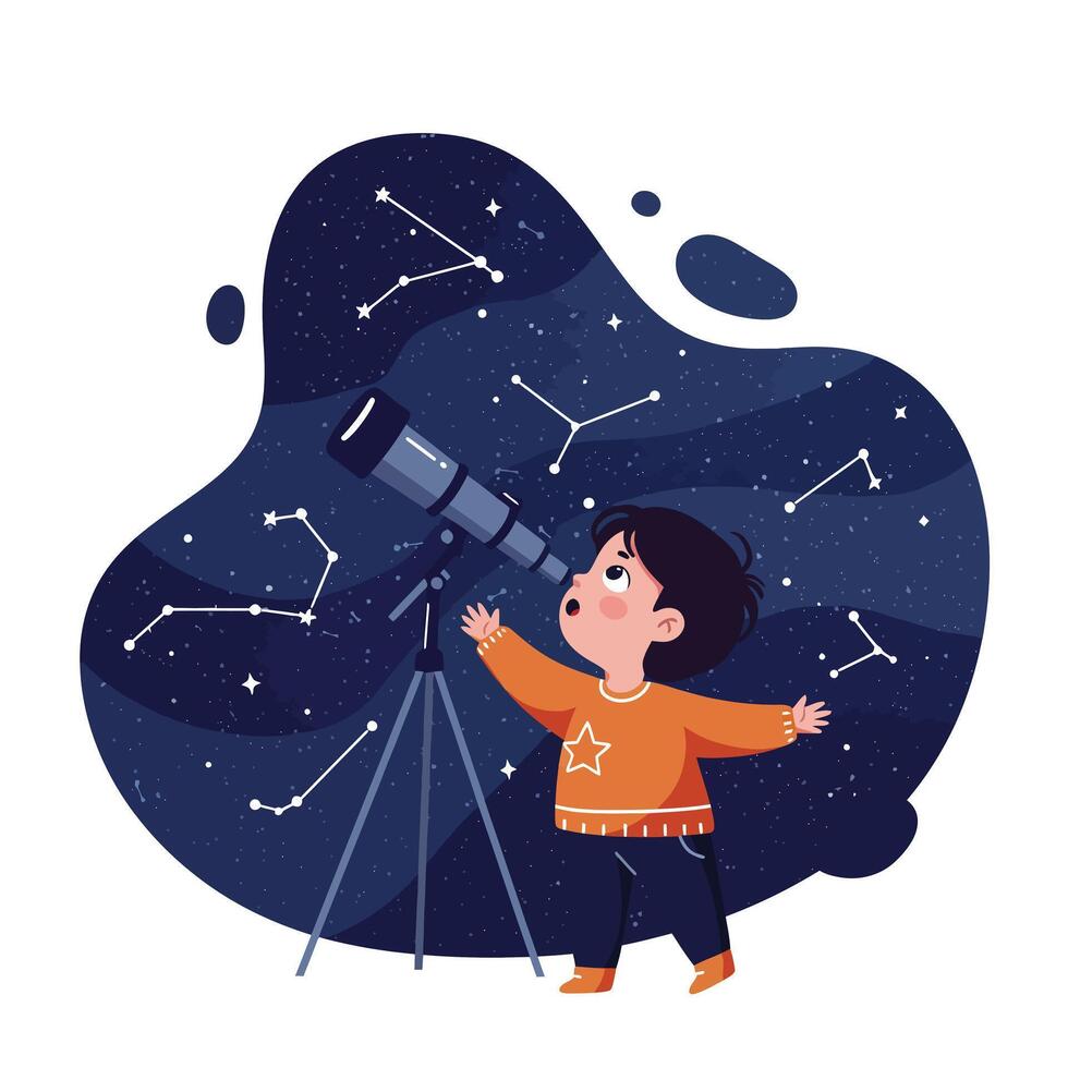 Young boy in orange sweater looking amazed while observing star constellations through a telescope on a dark starry night sky background vector