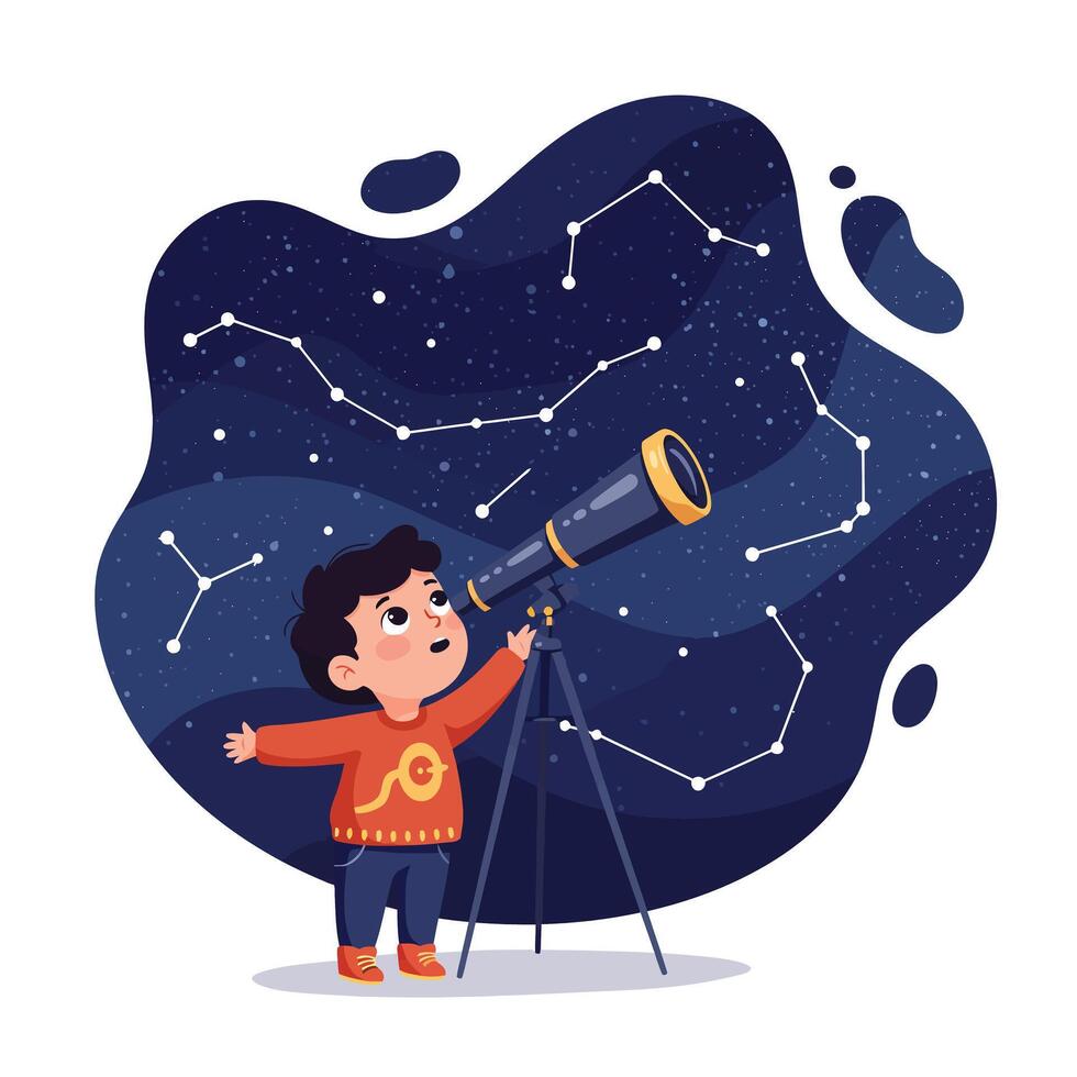 Young boy with dark hair in red sweater observing stars through telescope under a night sky filled with constellation patterns, showcasing curiosity and wonder vector