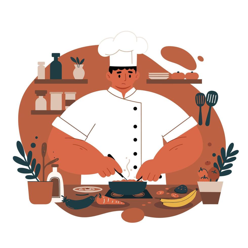 Male chef in white uniform and hat preparing food in kitchen surrounded by plants and cooking utensils with focused expression vector