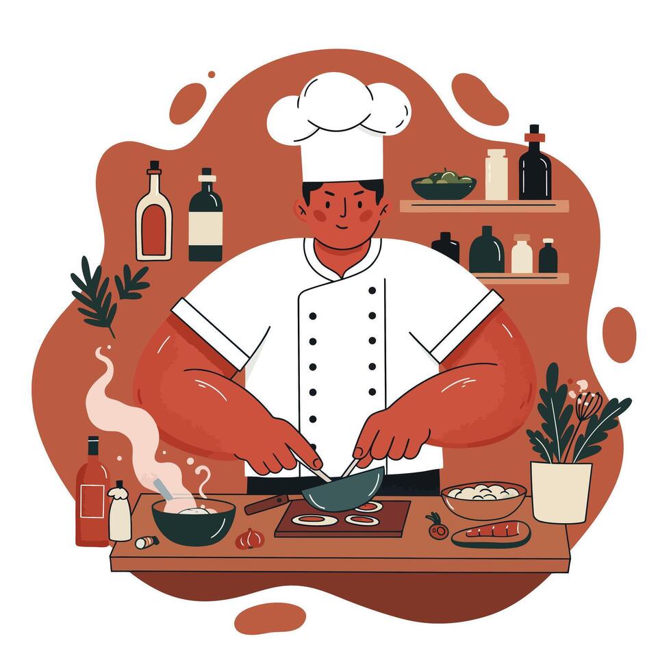 Professional male chef in white uniform and hat chopping vegetables on wooden cutting board in kitchen with spice bottles and plants vector
