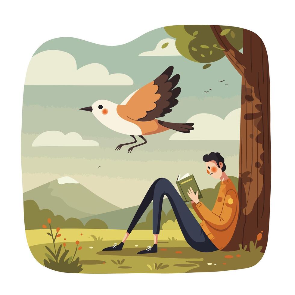 Young man sitting under a large tree reading a book while a colorful bird flies nearby in a peaceful outdoor landscape with hills and clouds vector