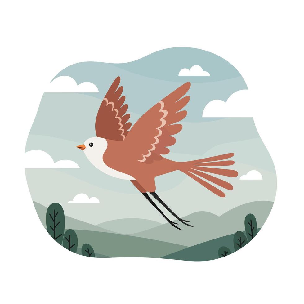 Small brown and white bird with outstretched wings flying over green hills under a cloudy sky in a serene natural landscape scene vector