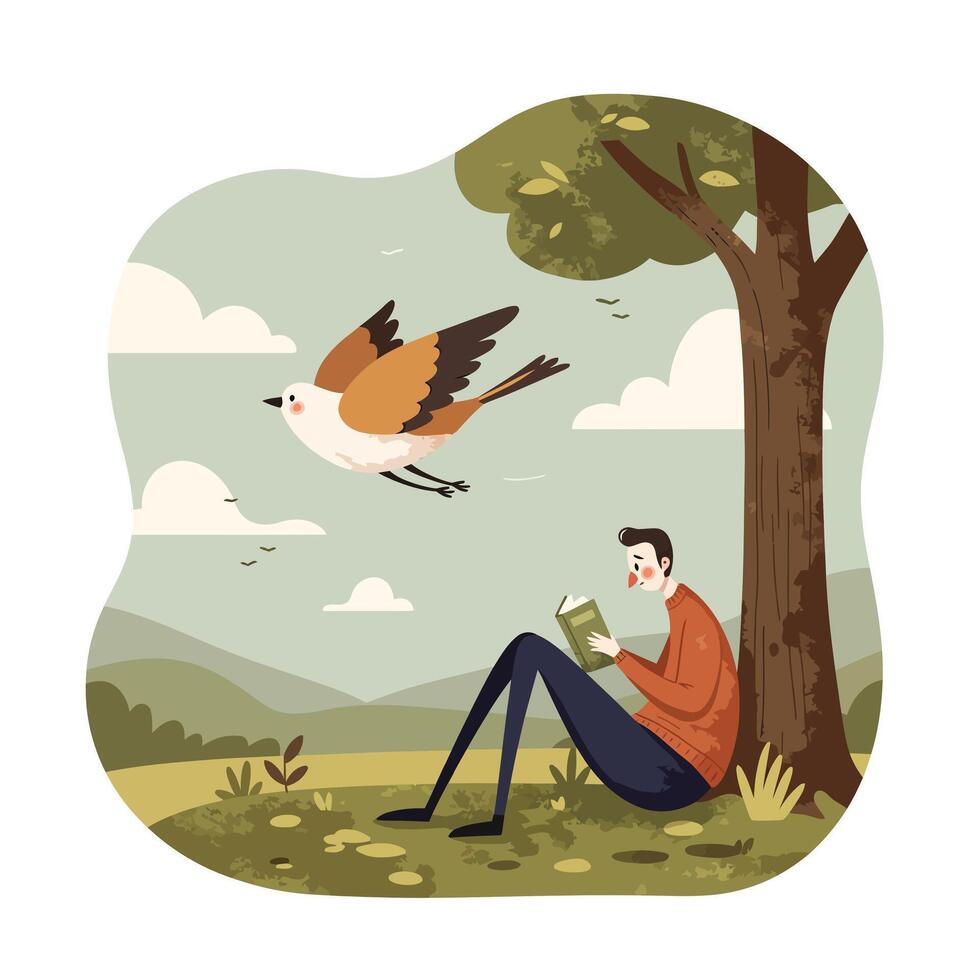 Young man wearing an orange sweater and glasses sitting under a large tree in a grassy field reading a book while birds fly nearby in a serene countryside setting vector
