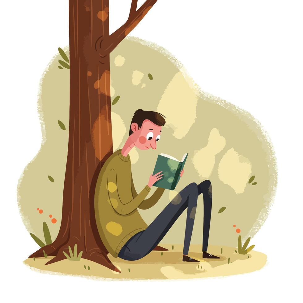 Young man with short dark hair sitting and reading a book against a large tree trunk outdoors in a calm natural setting vector