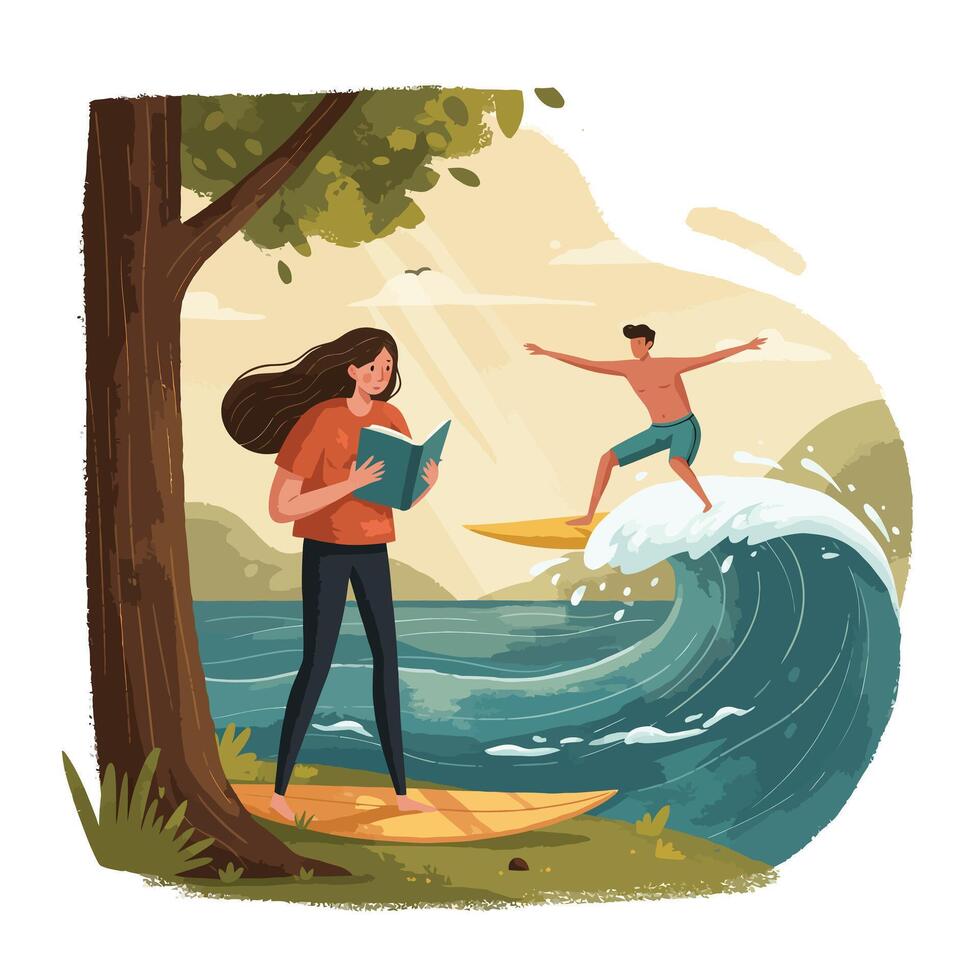 Young woman standing on a surfboard reading a book under a tree while a man surfs a large wave in the ocean nearby during a sunny day vector