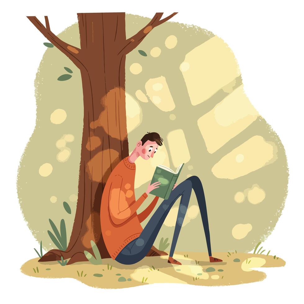 Young man with short brown hair wearing an orange sweater and blue pants reading a green book while sitting against a tree in a sunny park with dappled light and soft shadows vector