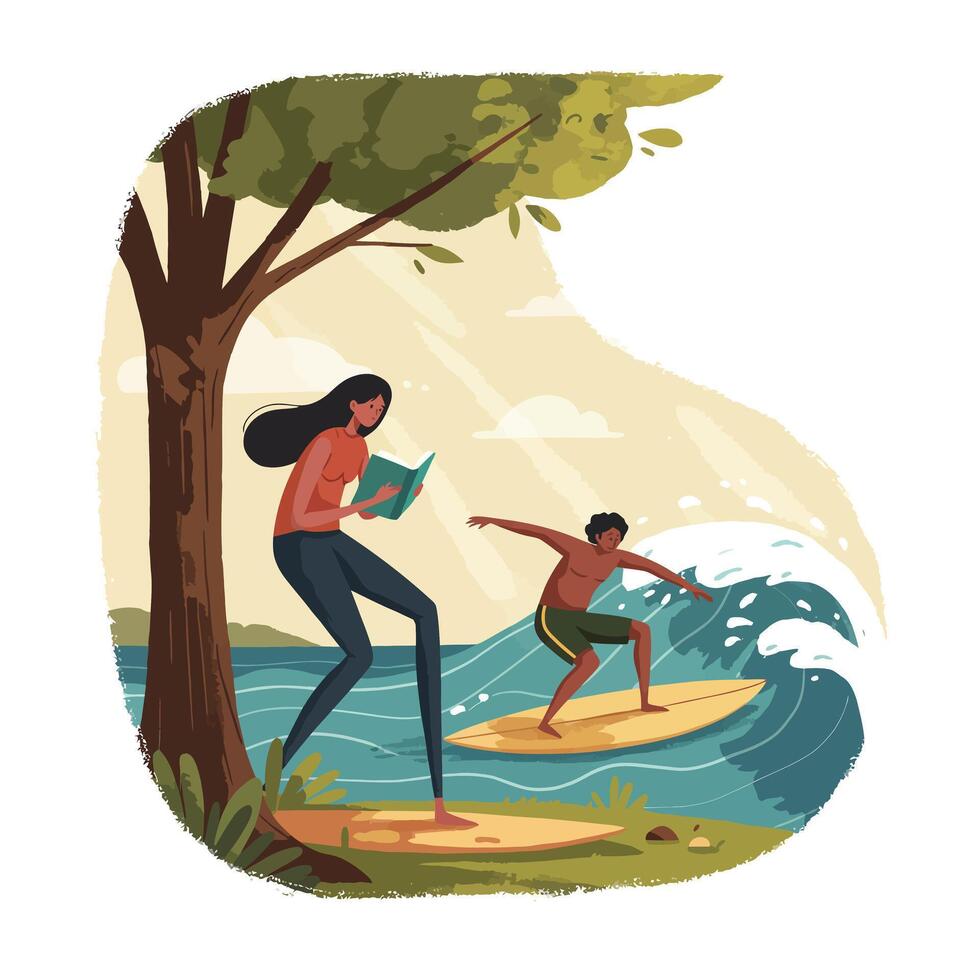Woman reading book under tree near ocean shore while boy surfs on wave during sunny day with light breeze and scattered clouds vector