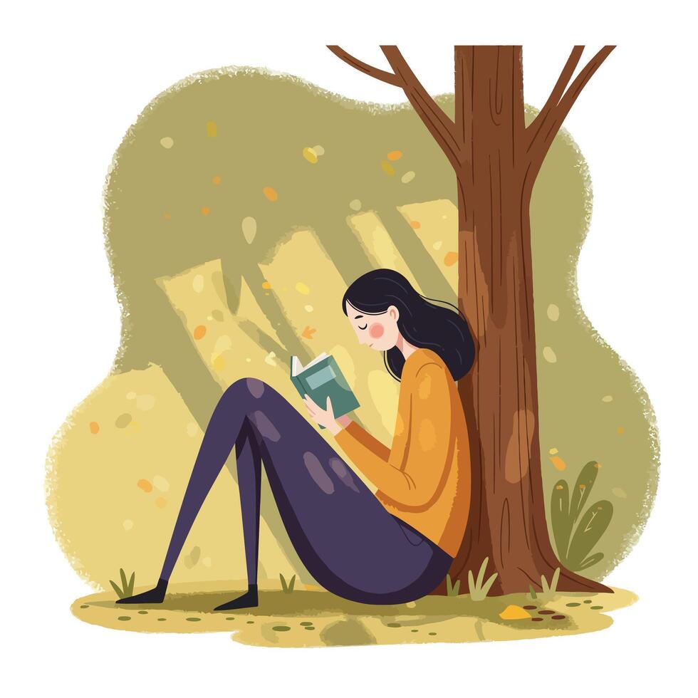 Young woman with long dark hair sitting and reading a book under a large tree in a peaceful outdoor setting during autumn vector