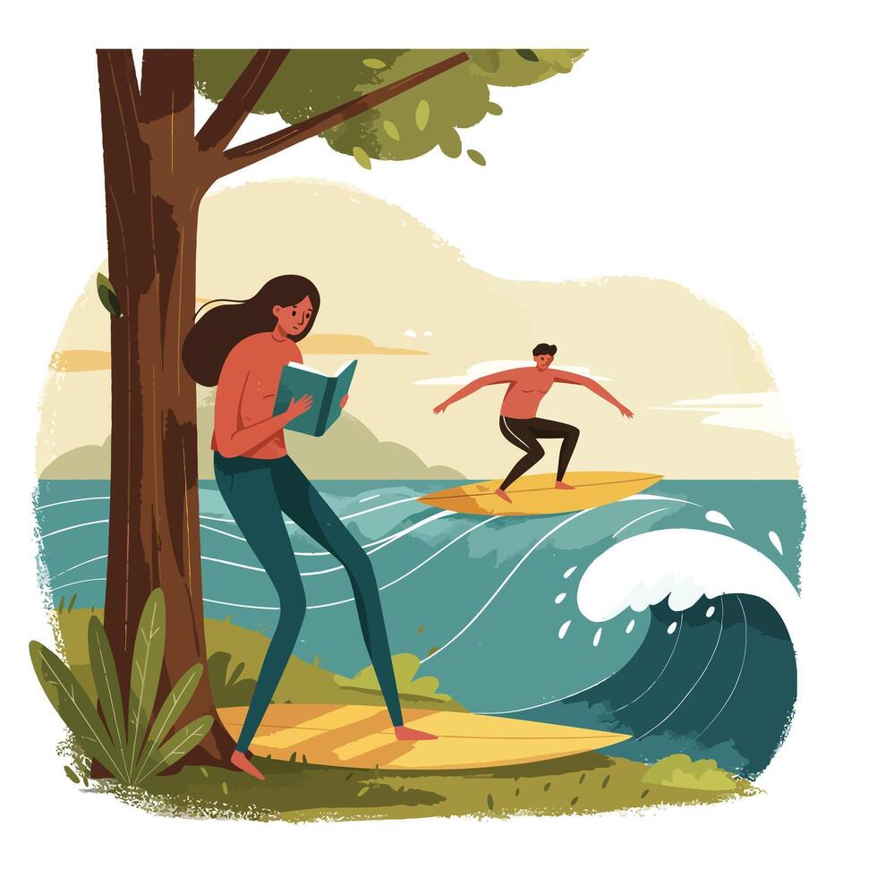 Woman reading a book while leaning against a tree near the ocean shore with a man surfing on a wave in the background during a calm day vector