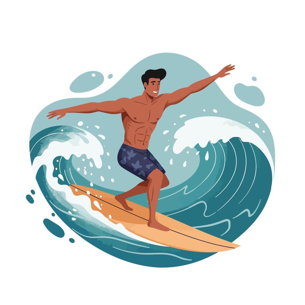 Muscular young man with dark hair surfing on a large wave wearing blue swim shorts in active ocean water, balancing confidently on a yellow surfboard with arms extended vector