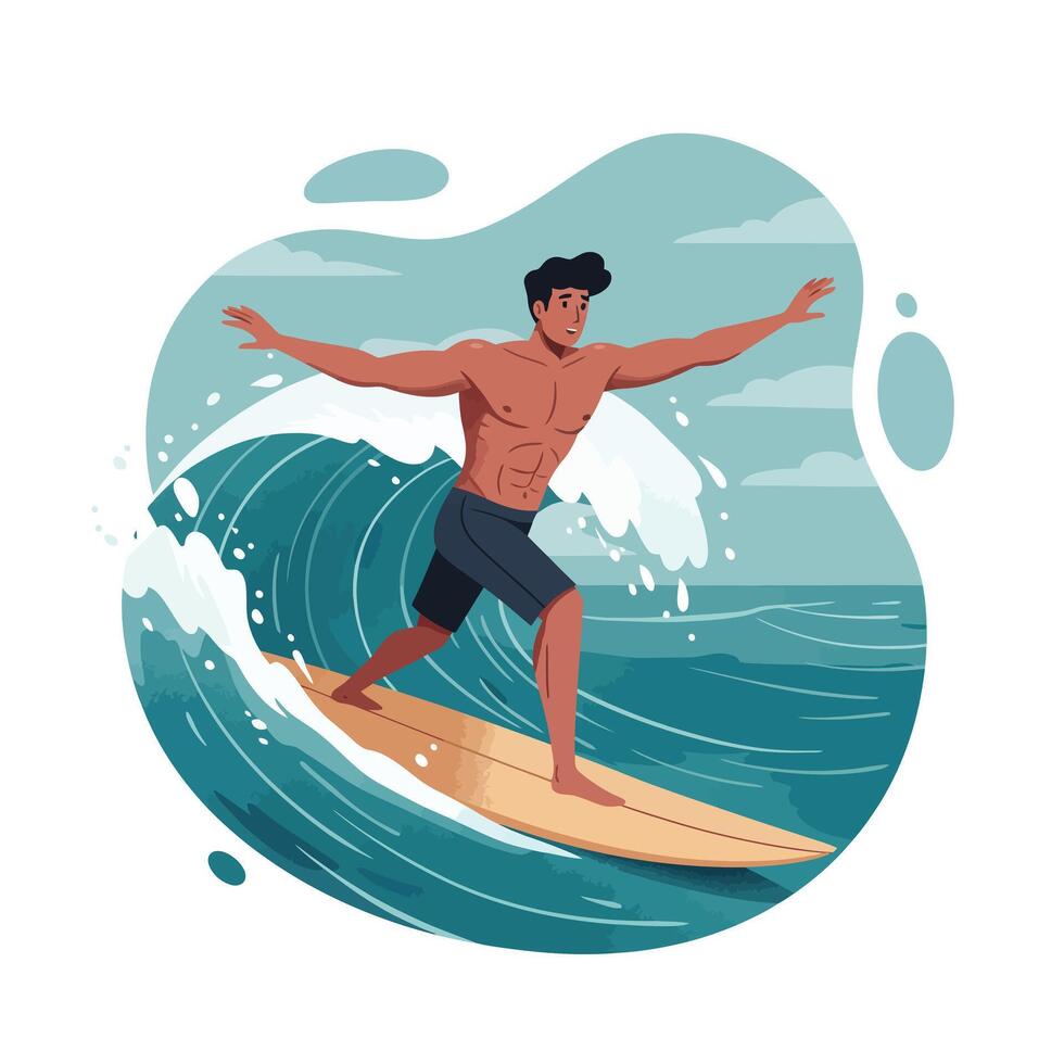 Muscular young man with dark hair surfing on a large wave in the ocean, balancing confidently on a yellow surfboard with arms outstretched, under a cloudy sky vector
